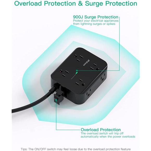 Power Strip Surge Protector - Flat Plug 8 Wide Outlets with 4 USB Ports, 5FT - Picture 6 of 7